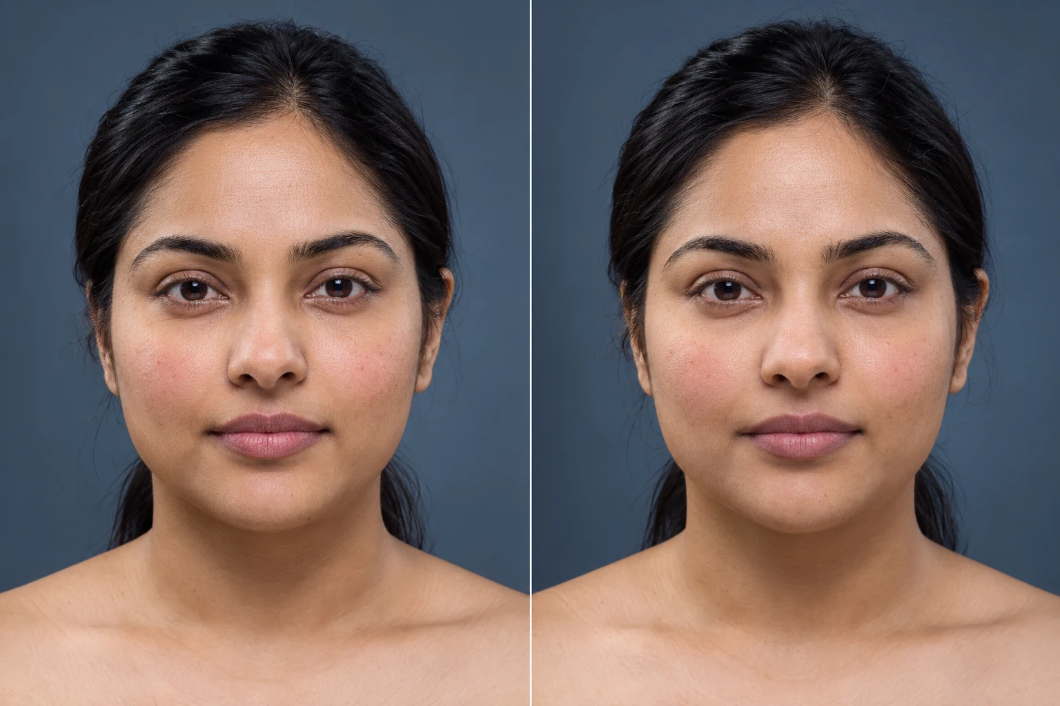 Two synthetic reference portraits of the same fictional adult with similar skin appearance; no treatment outcome is implied.