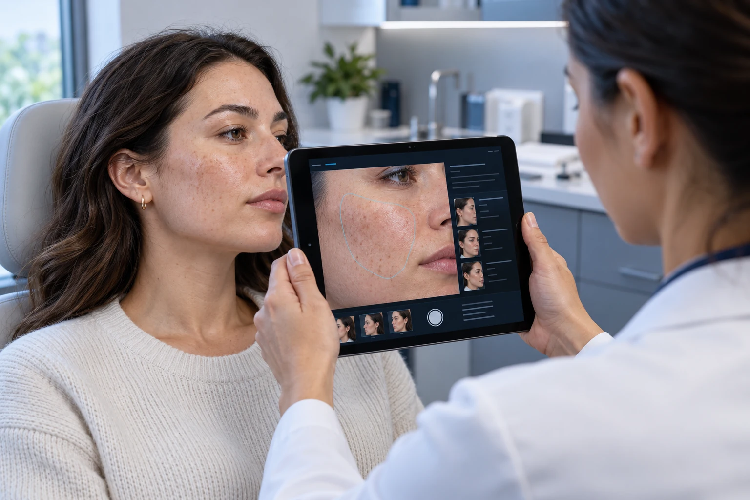 Illustrative scene: Close editorial view of a clinician using a modern black tablet camera to photograph the cheek of a seated fictional adult patient in a bright calm dermatology room.