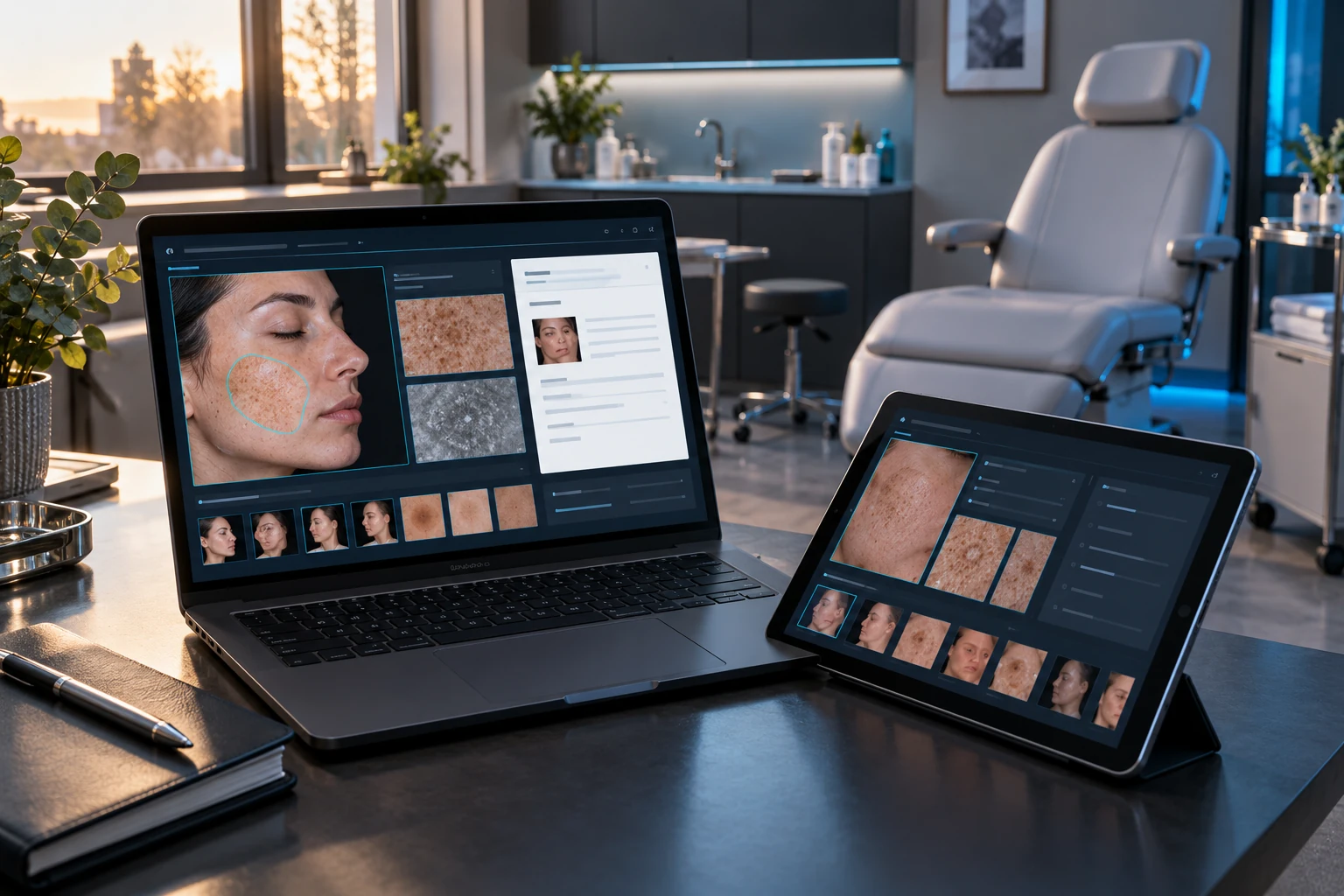 Illustrative scene: A beautiful modern dermatology consultation room in late-afternoon light, foreground graphite laptop open to the clinical image workspace and angled tablet resting beside it, empty examination chair in background.