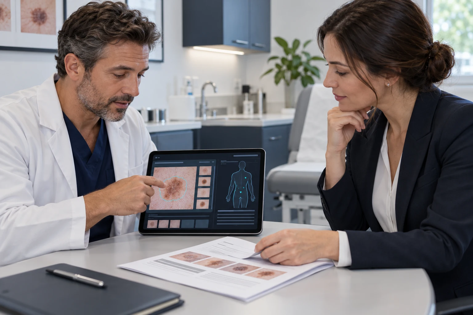 Illustrative scene: An adult dermatologist and a clinic administrator calmly reviewing a tablet and a one-page product guide in a bright neutral consultation office.