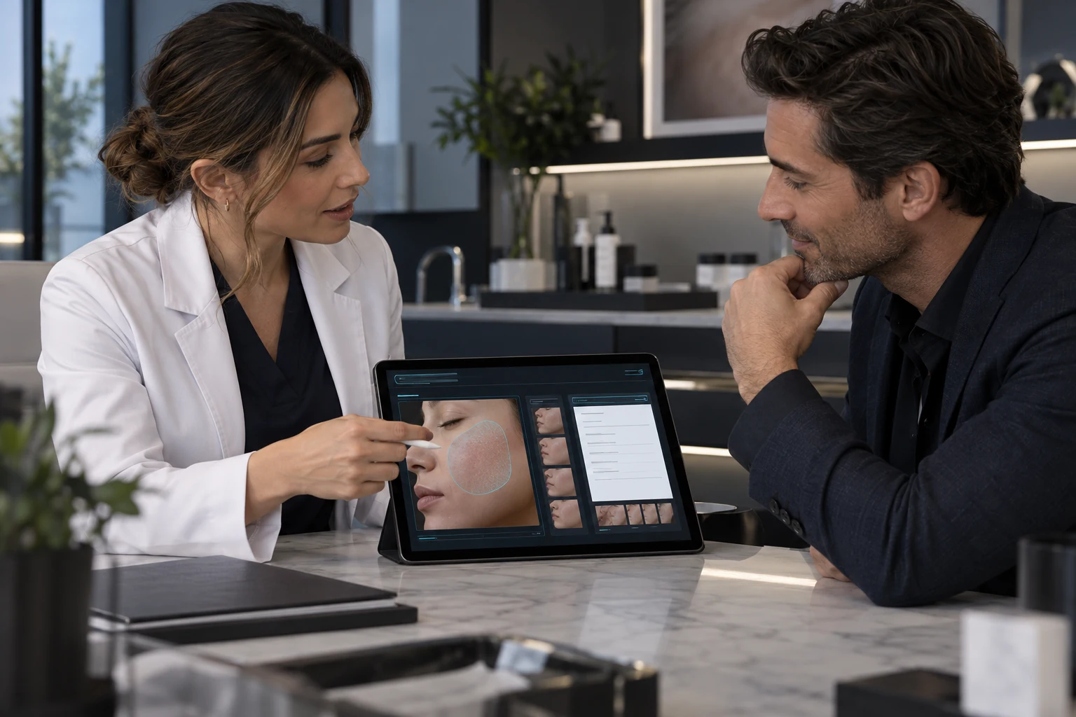 Illustrative scene: A clinician and an adult clinic owner in a calm modern office discussing a graphite tablet prototype together across a desk.