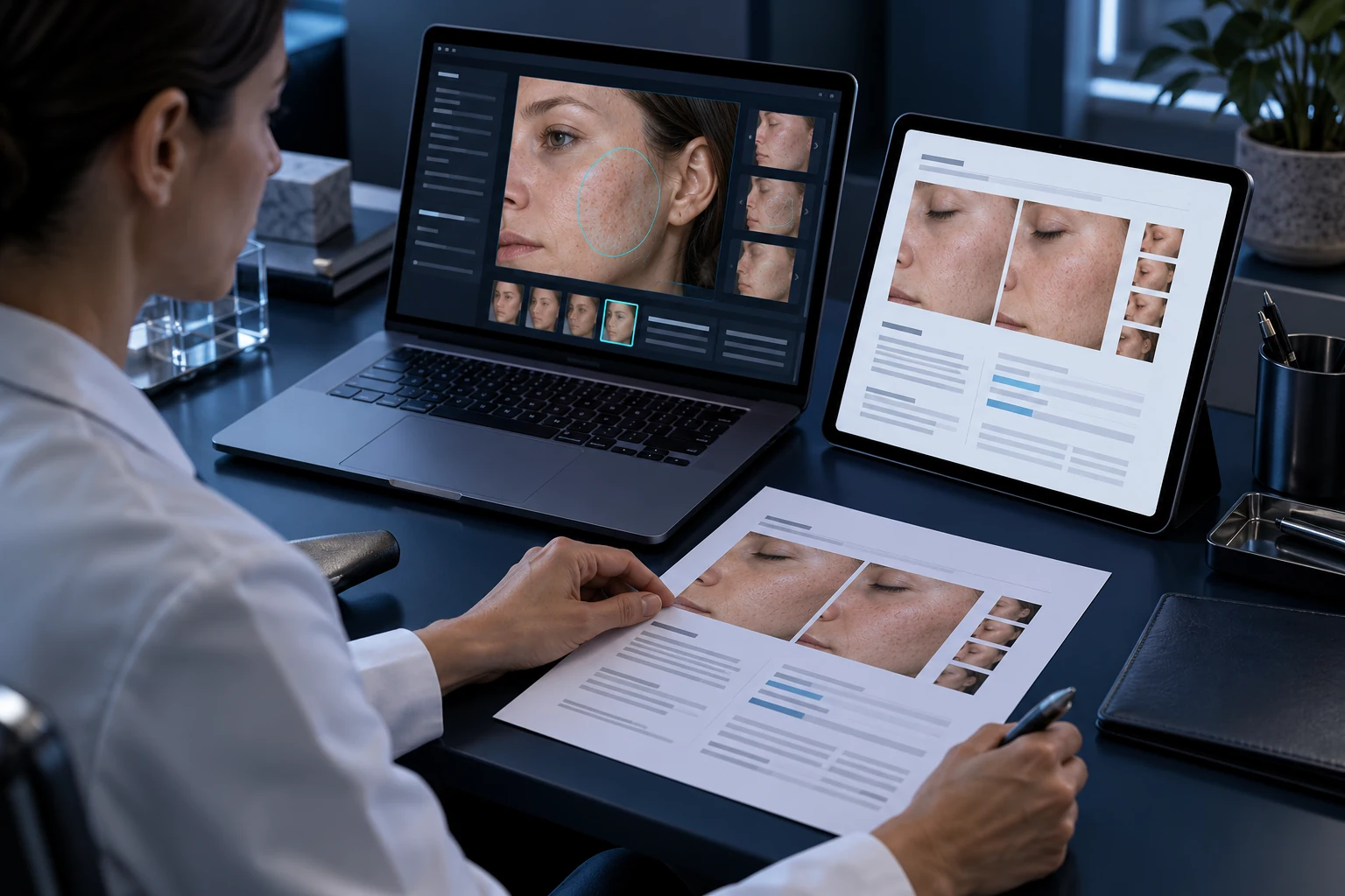 Illustrative scene: Cinematic professional document workflow: a tablet on a navy desk displays a cool-white clinical report beside a laptop with dark image review UI.