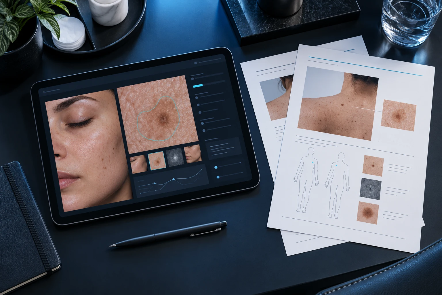 Illustrative scene: Overhead premium editorial still life on a dark blue clinical desk: tablet displaying skin imagery, a few neatly arranged white product guide pages with discreet diagrams rendered as neutral lines, a graphite pen and closed notebook.