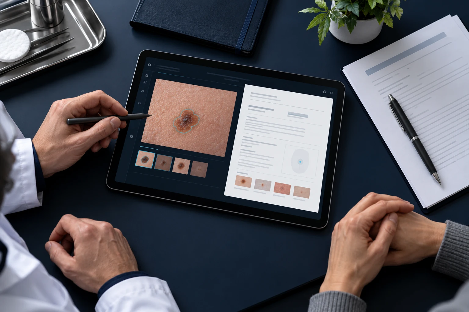 Illustrative scene: Overhead editorial healthcare desk photograph with neutral paperwork, a graphite pen and a tablet showing a small fictional skin photograph beside a structured white report.