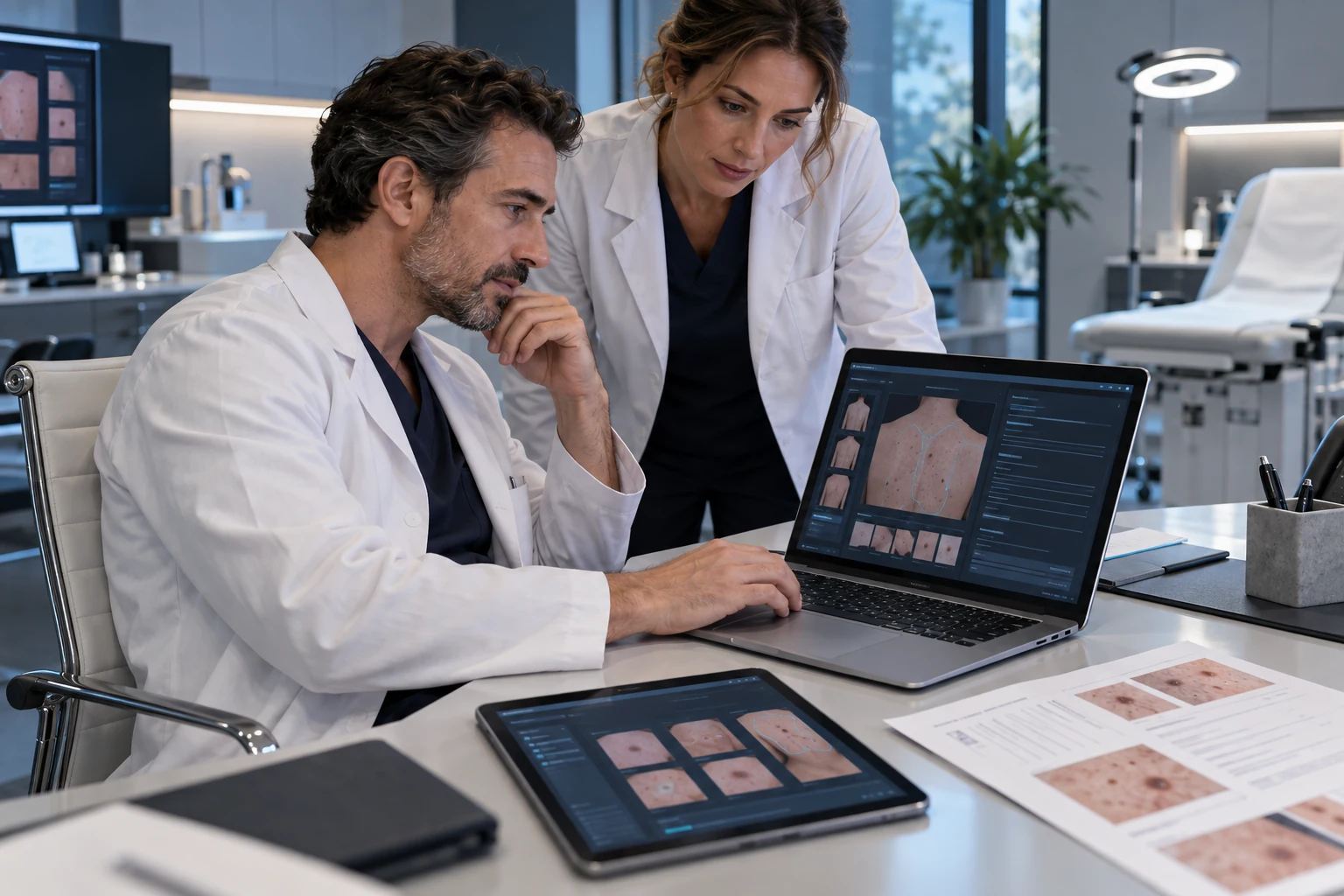 Illustrative scene: Two adult dermatologists discussing a visit record on a laptop, one seated and one beside the consultation desk.