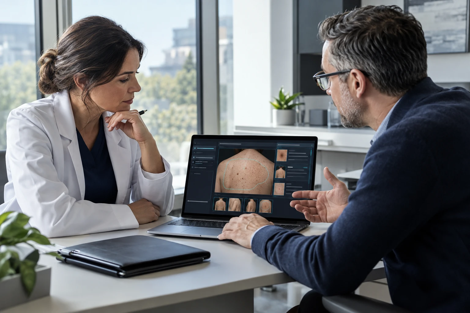Illustrative scene: Adult clinic administrator and adult technology professional discussing access and data-handling requirements at a clinic desk with laptop and closed record folio.
